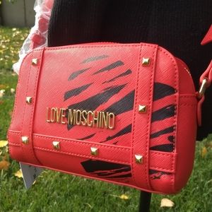 Love Moschino Valentine Red "Scratched" Heart Studded Camera Bag